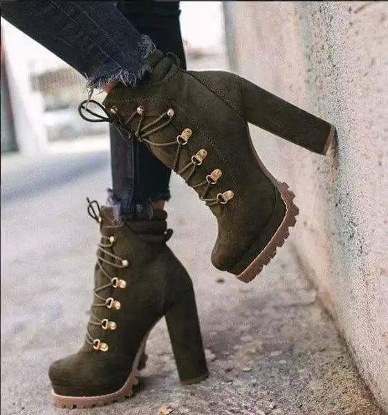 Heeled Boots For Women Round Toe Lace UP High Heels Boots-Green-3