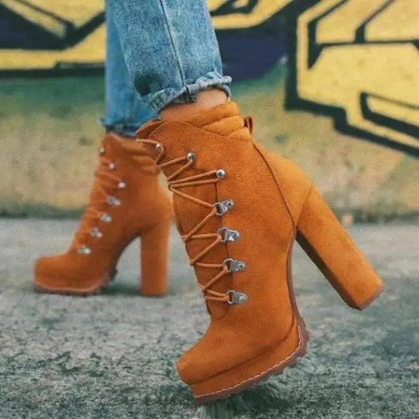 Heeled Boots For Women Round Toe Lace UP High Heels Boots-Brown yellow-4