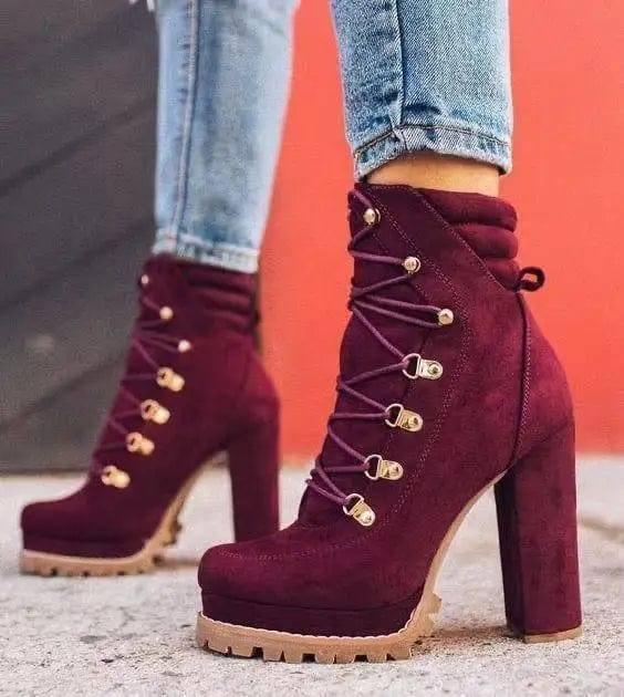 Heeled Boots For Women Round Toe Lace UP High Heels Boots-5