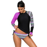 High Neck Long Sleeve Printed Swimsuit-Purple-3