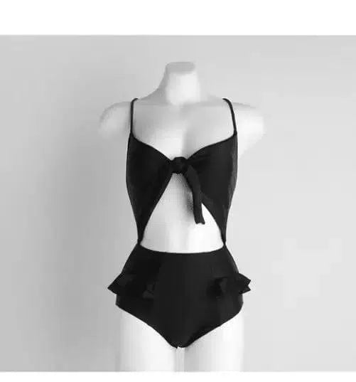 High waist bow hot spring swimming costume-Black-3