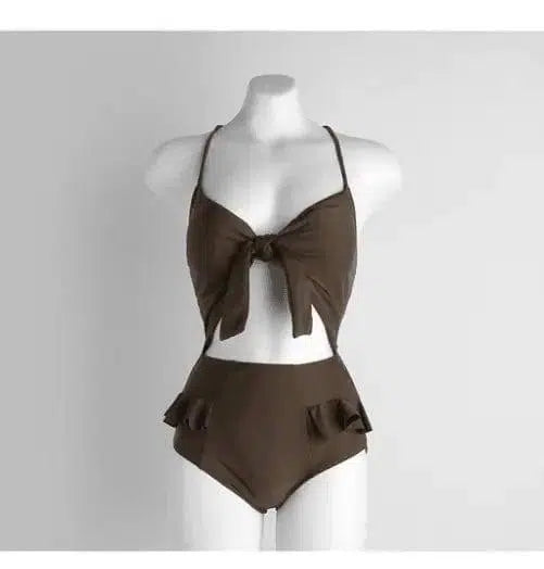 High waist bow hot spring swimming costume-Brown-4