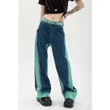High Waist Loose Straight Contrast Jeans-Blue-2