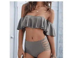 High Waist One Shoulder Split Bikini Swimsuit Ladies-Khaki-2