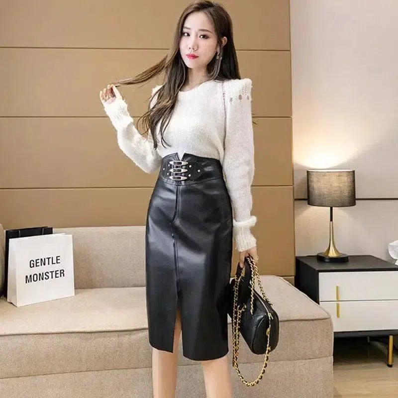 High Waist Slimming Decorative Buckle Sheath A- Line Skirt-10