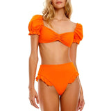 High Waist Split Bikini Puff Sleeves-Orange-1