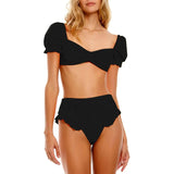 High Waist Split Bikini Puff Sleeves-Black-2