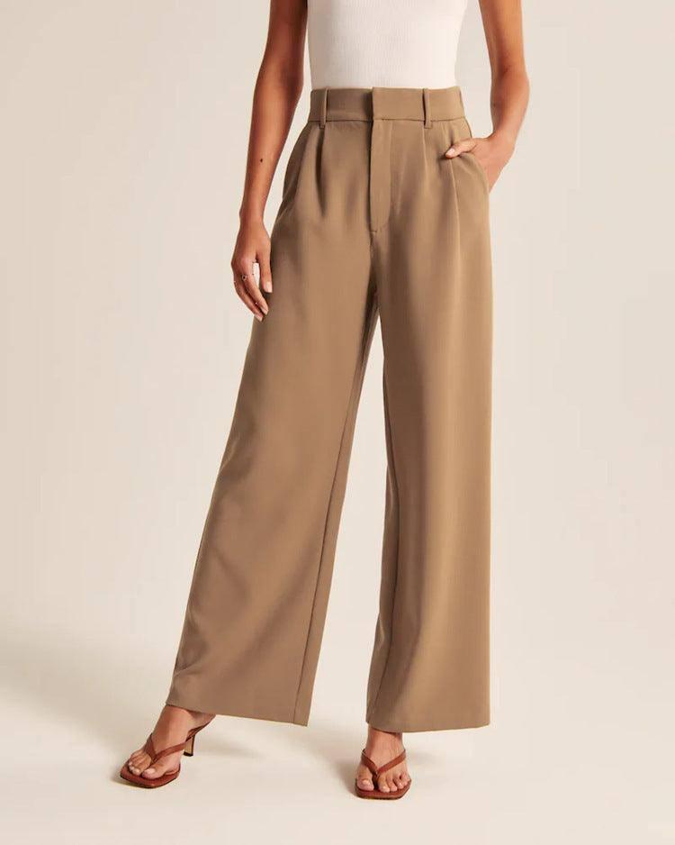 High Waist Straight Trousers With Pockets Wide Leg Casual-Bronze-1