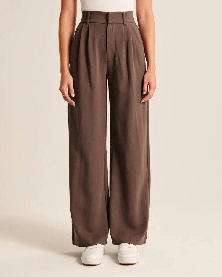 High Waist Straight Trousers With Pockets Wide Leg Casual-Dark Brown-8