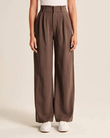High Waist Straight Trousers With Pockets Wide Leg Casual-Dark Brown-8