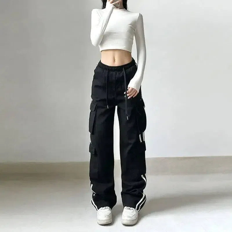 Hip-hop Lazy Striped Webbing Color Contrast Overalls-3