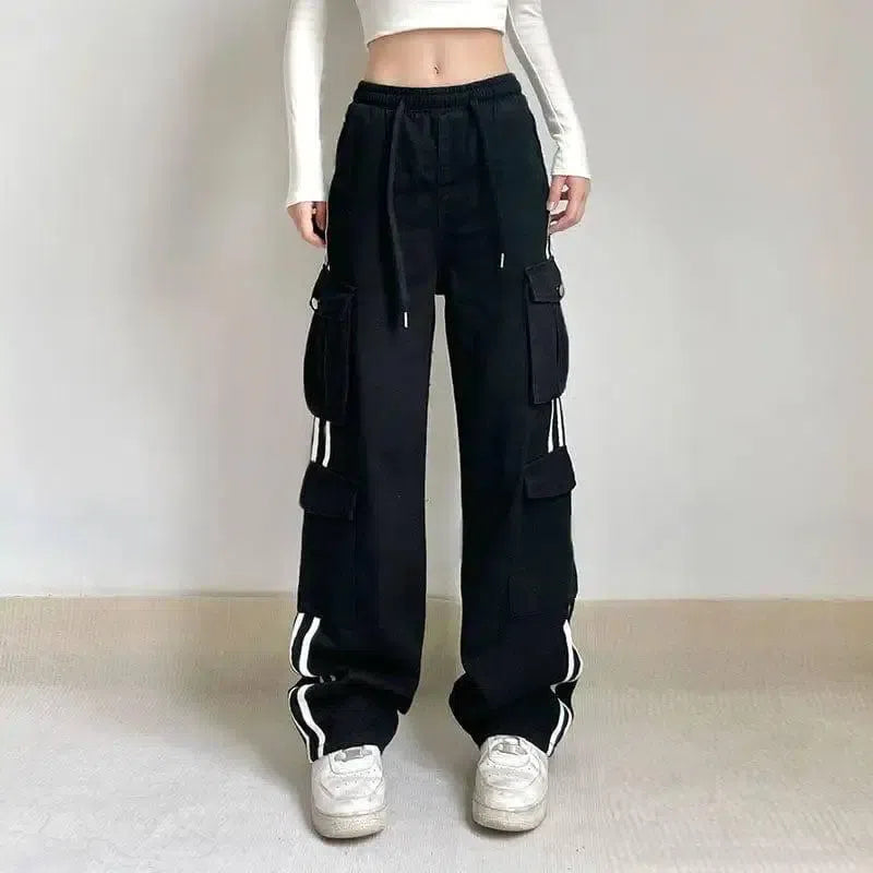 Hip-hop Lazy Striped Webbing Color Contrast Overalls-5