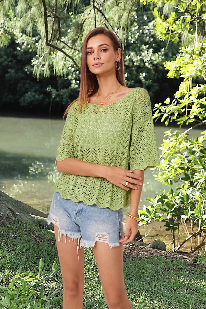 Hollow Fashion Short Sleeve Casual Women's Knitwear-Green-10