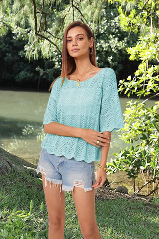 Hollow Fashion Short Sleeve Casual Women's Knitwear-Lake Blue-8