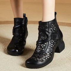 Hollow Out Boots Women Retro Style Side Zip Mid Heels Shoes-1