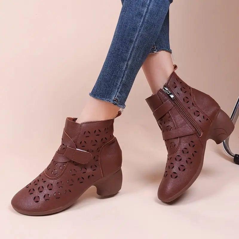 Hollow Out Boots Women Retro Style Side Zip Mid Heels Shoes-Brown-9