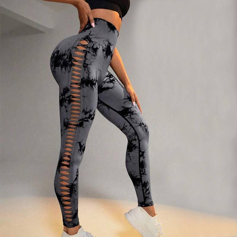 Hollow Tie Dye Printed Yoga Pants High Waist Butt Lift-Black Grey-7