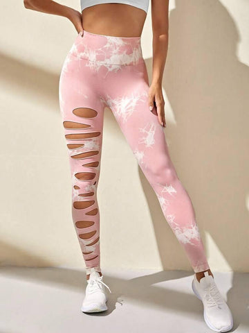Hollow Tie-dye Yoga Pants High Waist Hip Lift Fitness Pants-Tie Bleached Girl Pink-17
