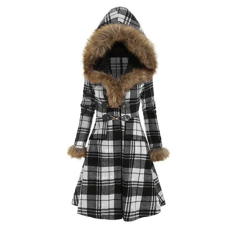 Hooded fur and woolen mid-length coat-Black-6