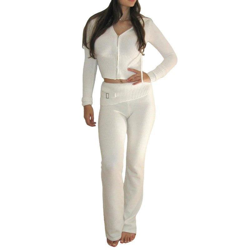 Hoodie Suit Women Leisure Zip Long Sleeve Sweater And High Waist Long Pants Set-White suit-16