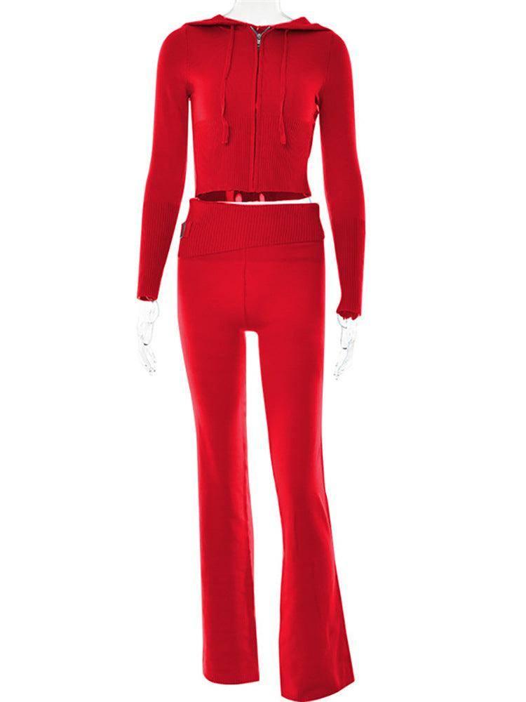 Hoodie Suit Women Leisure Sexy Zip Long Sleeve Sweater And-Red suit-18