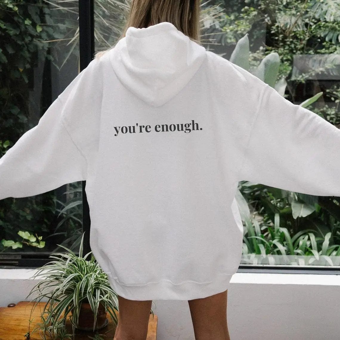 LOVEMI  Hoodies White black lettering / S Lovemi -  You're Enough Printed Back Casual Hooded Pocket Sweater