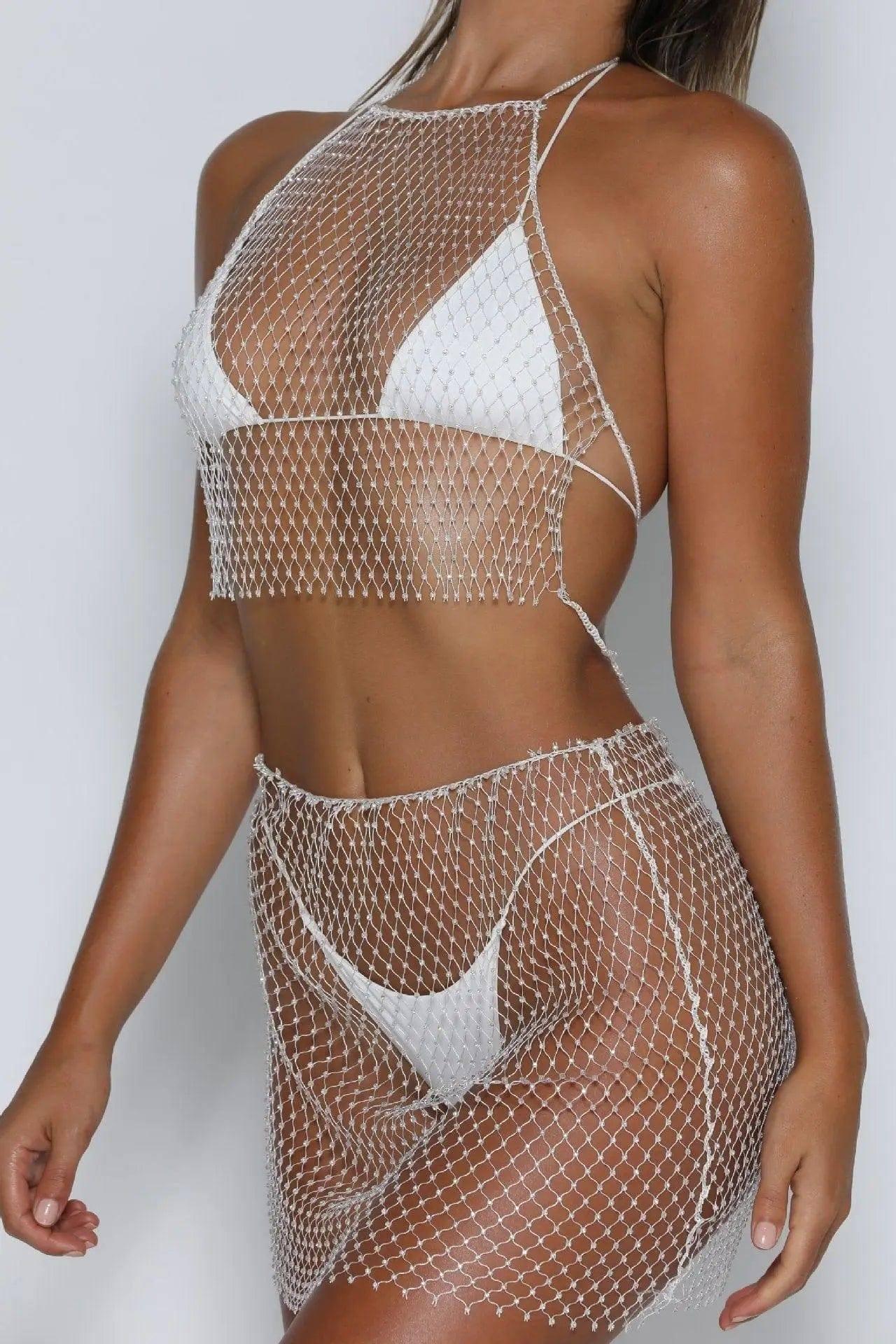 Hot Diamond Shiny Swimsuit Hand-woven Fishing Net-White-8