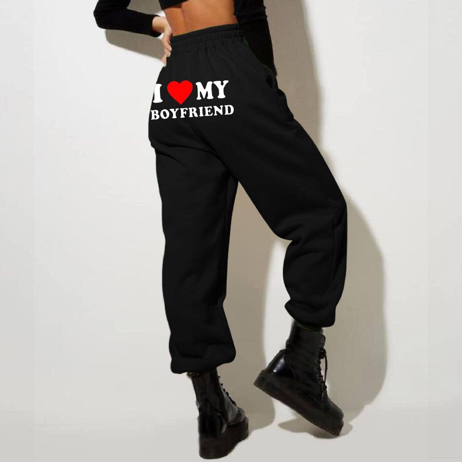 I Love MY BOYFRIEND Printed Trousers Casual Sweatpants Men-Black Back Picture-5