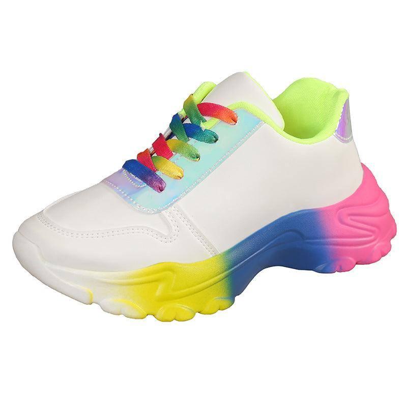 INS Style Rainbow Color Sports Shoes For Women Thick Bottom-White-10
