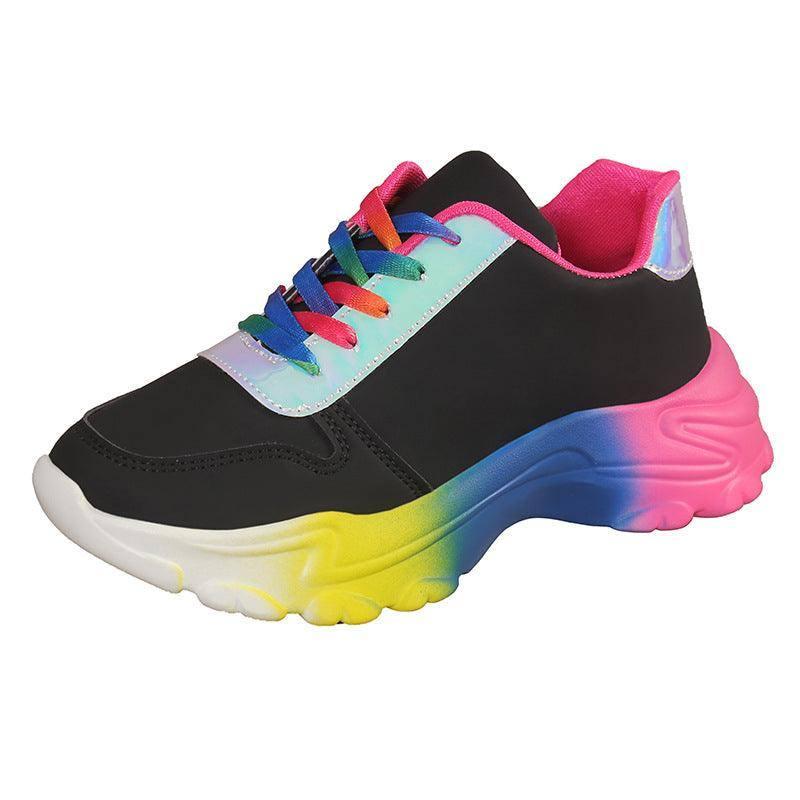 INS Style Rainbow Color Sports Shoes For Women Thick Bottom-Black-9