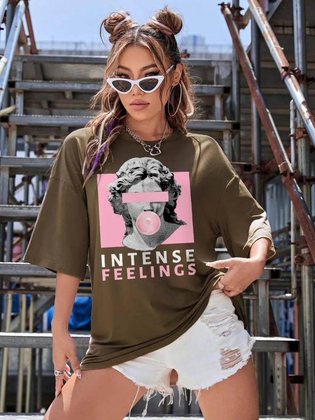INTENSE FEELINGS Street Hip Hop Female T-Shirts Loose-Brown-10