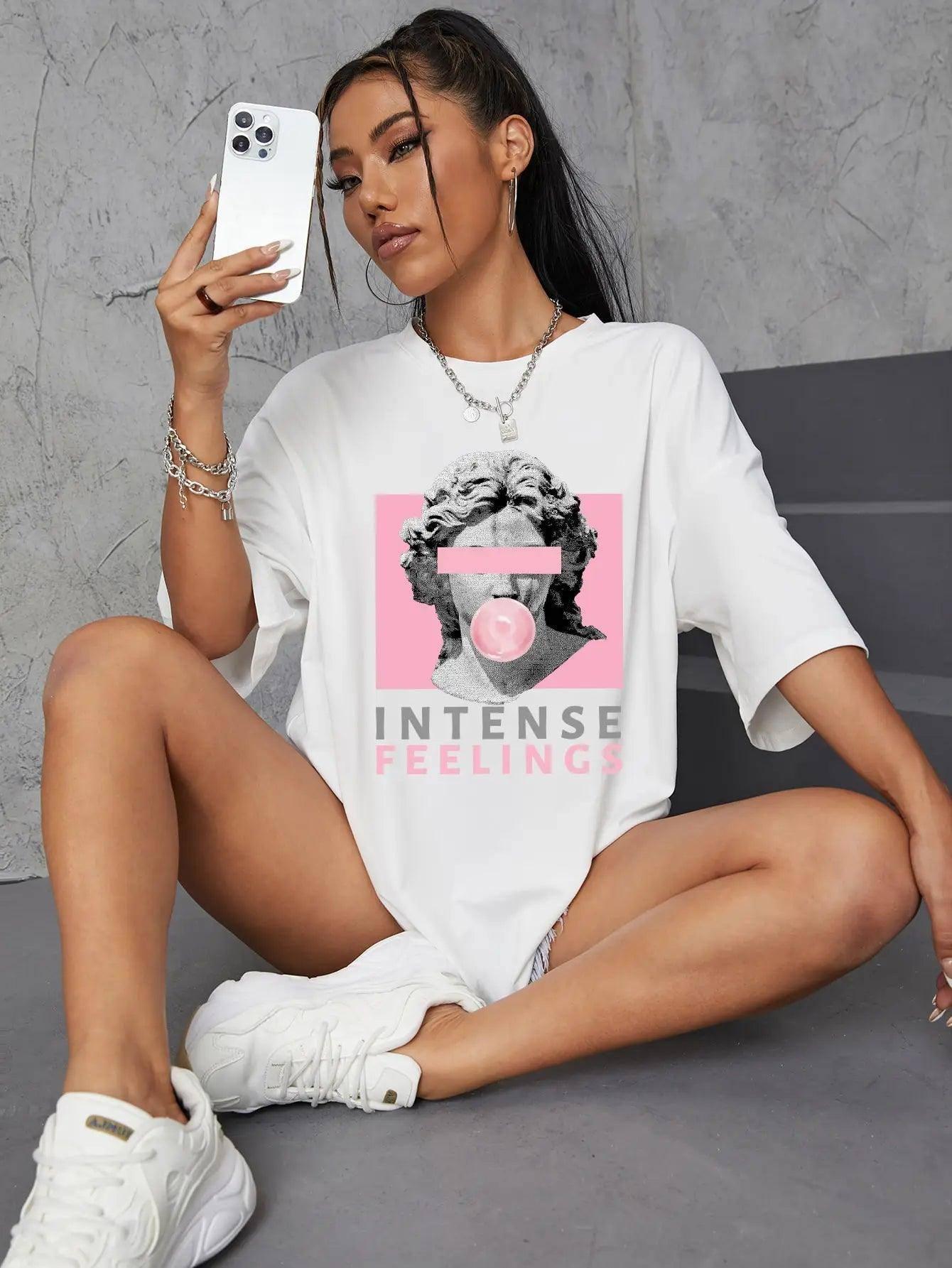INTENSE FEELINGS Street Hip Hop Female T-Shirts Loose-White-14