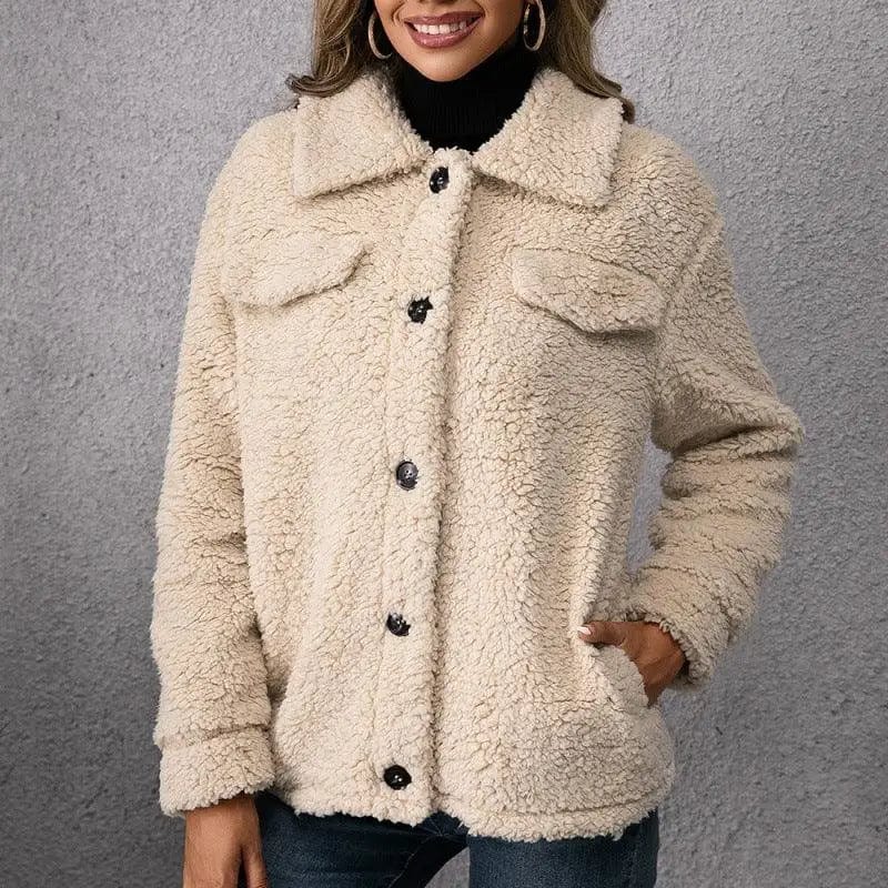 LOVEMI  Jackets Beige / S Lovemi -  Loose Casual Lapel Plush Jacket Lamb Fleece Coat