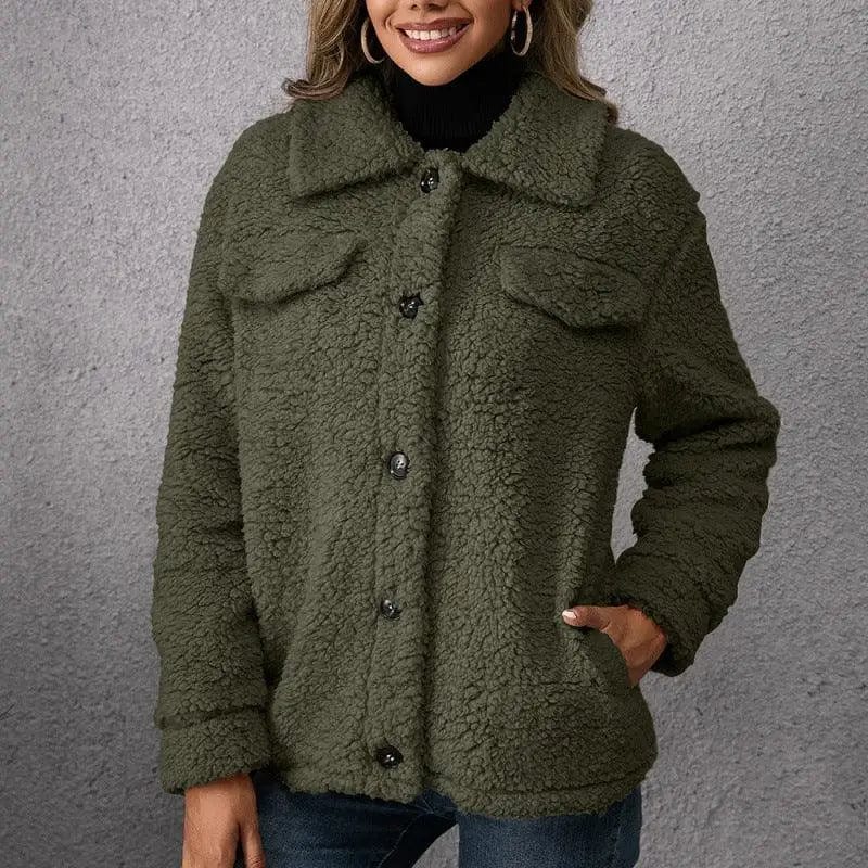 LOVEMI  Jackets Darkgreen / S Lovemi -  Loose Casual Lapel Plush Jacket Lamb Fleece Coat