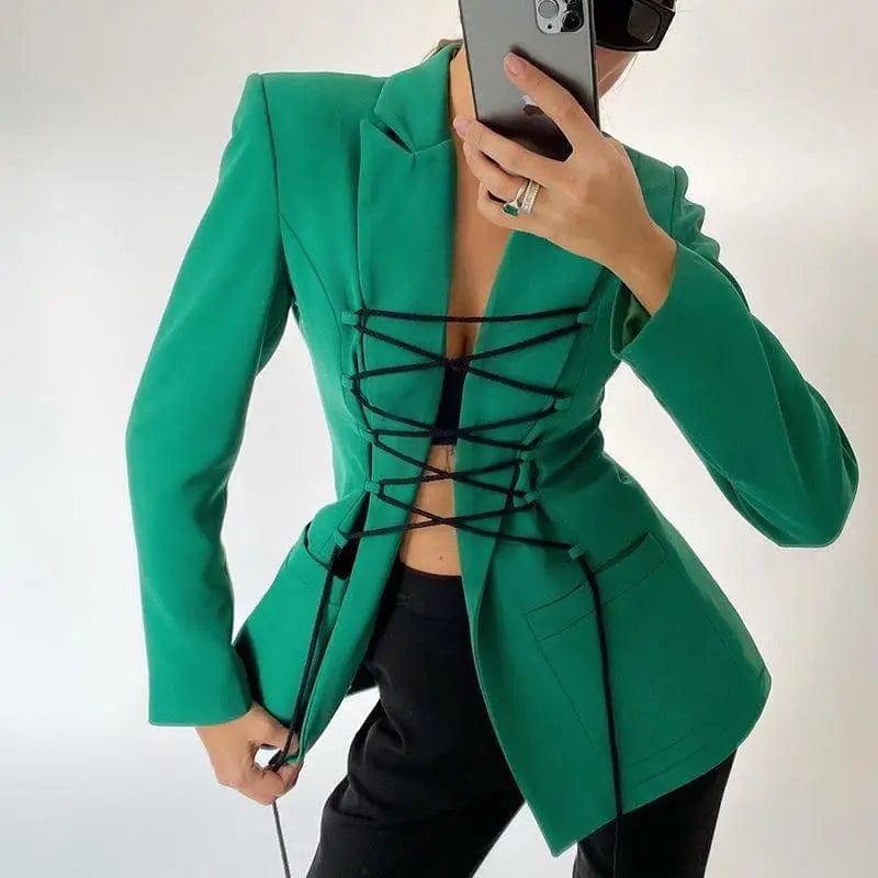 LOVEMI Jackets Green / S Lovemi -  Women's Long-sleeved Tie-up Mid-length Suit
