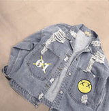 LOVEMI Jackets Light blue / XL Lovemi -  Loose cute smiley embroidery Harajuku shredded denim jacket