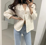 LOVEMI Jackets Offwhite / S Lovemi -  Women's Small V-Neck Single-Breasted Jacket With Contrasting