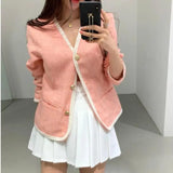 LOVEMI Jackets Pink / M Lovemi -  Women's Small V-Neck Single-Breasted Jacket With Contrasting