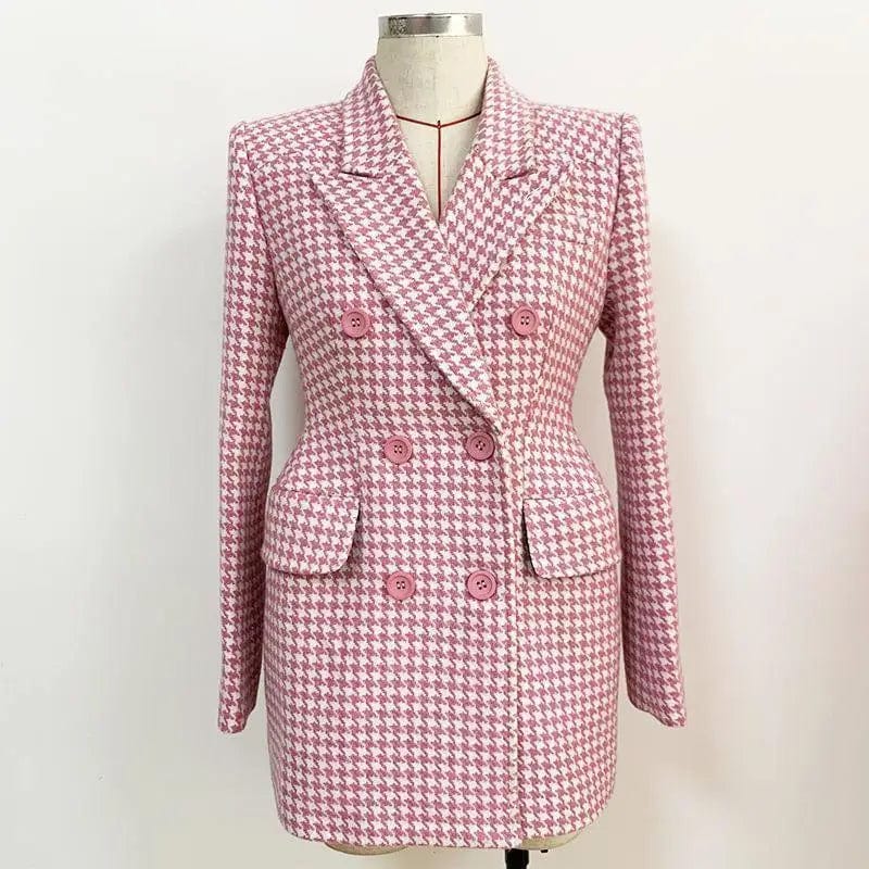 LOVEMI Jackets Pink / S Lovemi -  Pink Houndstooth Wool Coat Retro Double-breasted