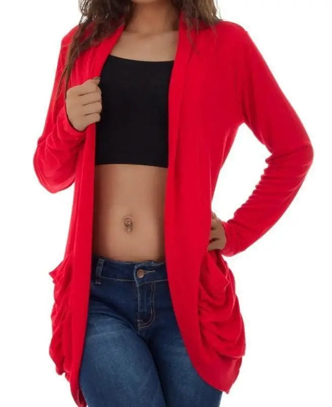 LOVEMI Jackets Red / S Lovemi -  Women's Short Jacket With Solid Color Long Sleeve Pockets