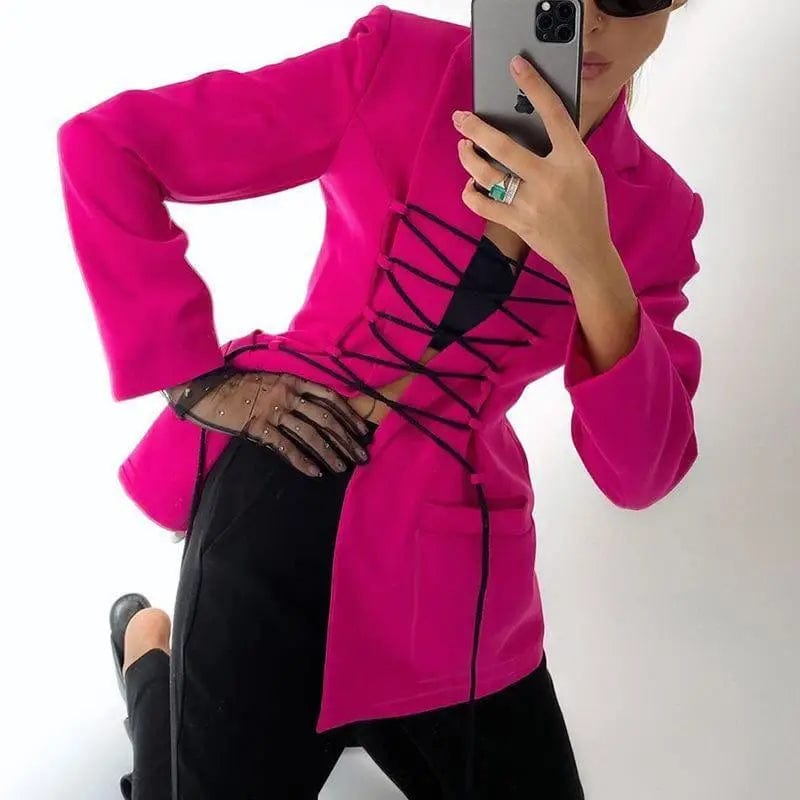 LOVEMI Jackets Rose Red / S Lovemi -  Women's Long-sleeved Tie-up Mid-length Suit