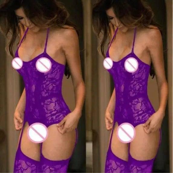 Jacquard Sexy Lingerie Temptation Ladies Transparent Hollow-Purple-3