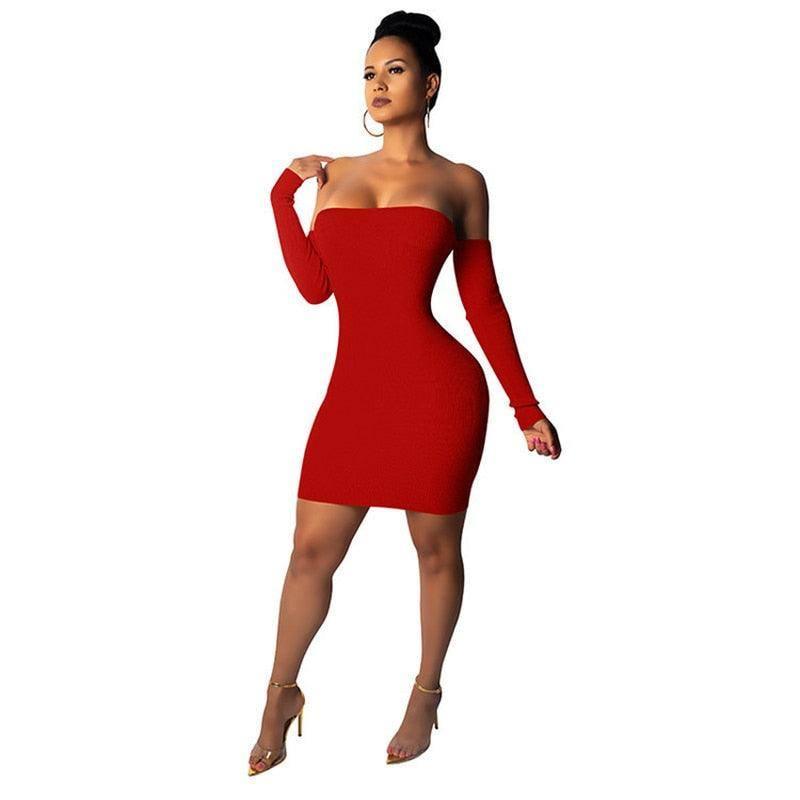 Knitted Long Sleeve Mini Bandage Dress Club Party Winter Off-4