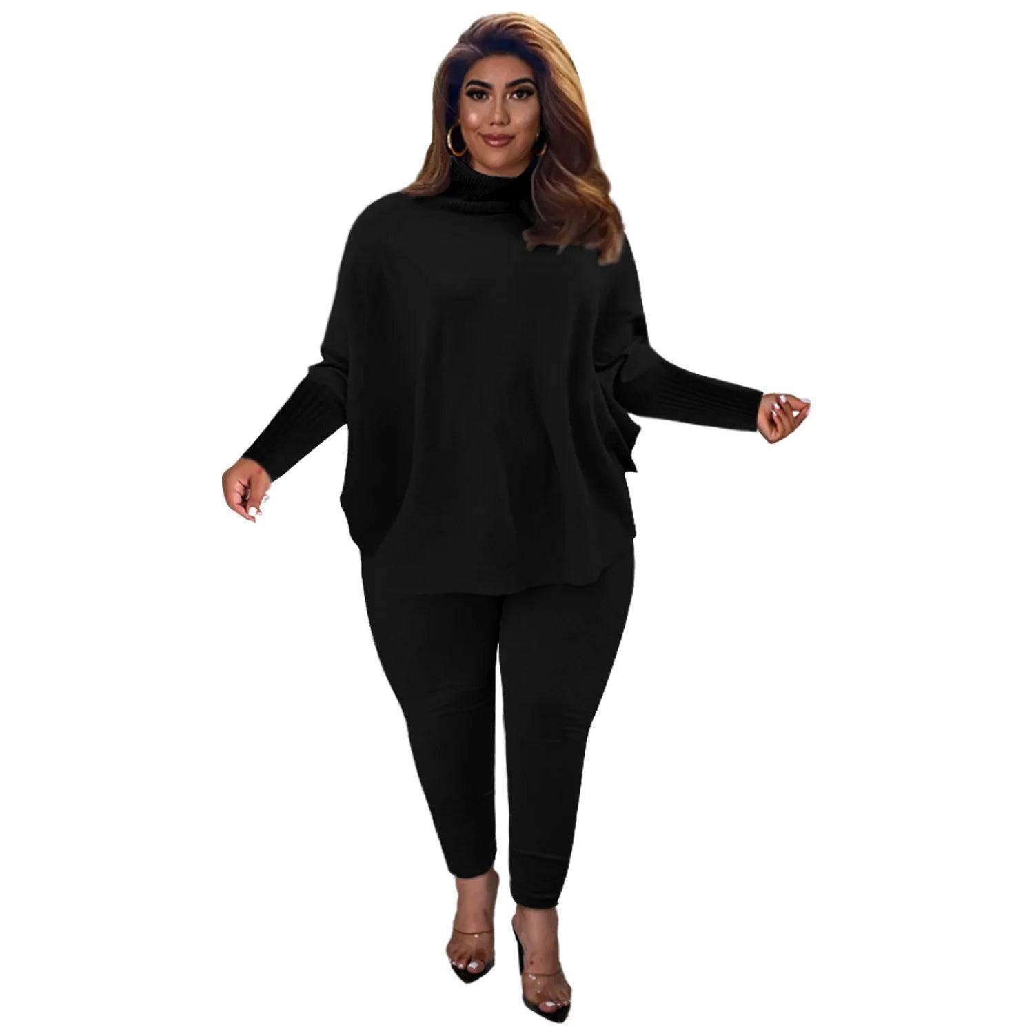Knitted Plus Size Women 2 Piece Set Casual Solid Bat Sleeve-Black-10