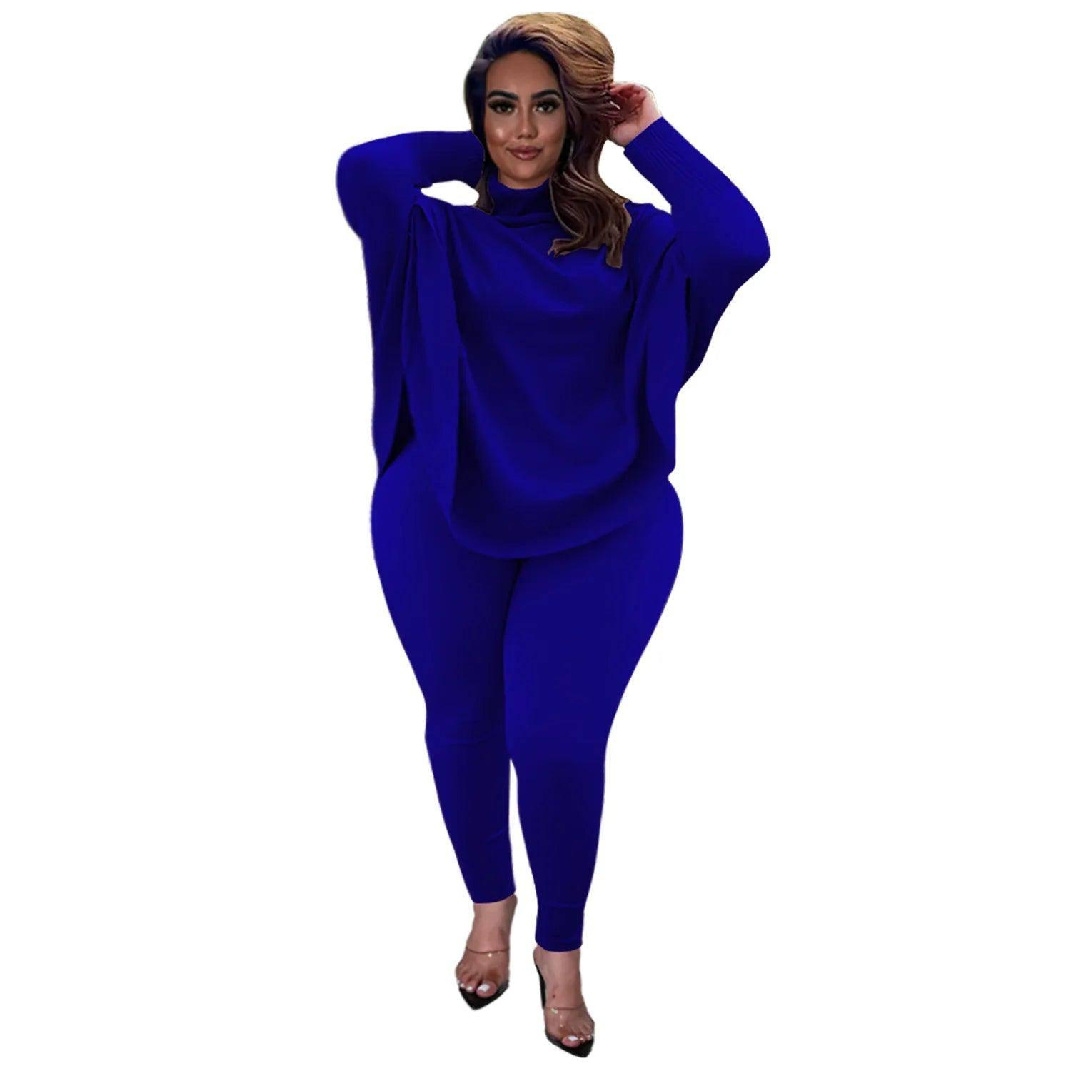 Knitted Plus Size Women 2 Piece Set Casual Solid Bat Sleeve-Blue-11
