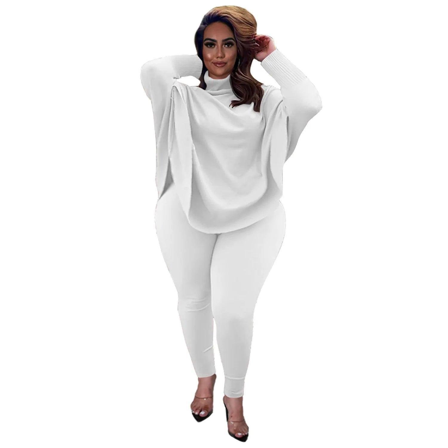 Knitted Plus Size Women 2 Piece Set Casual Solid Bat Sleeve-WHITE-12