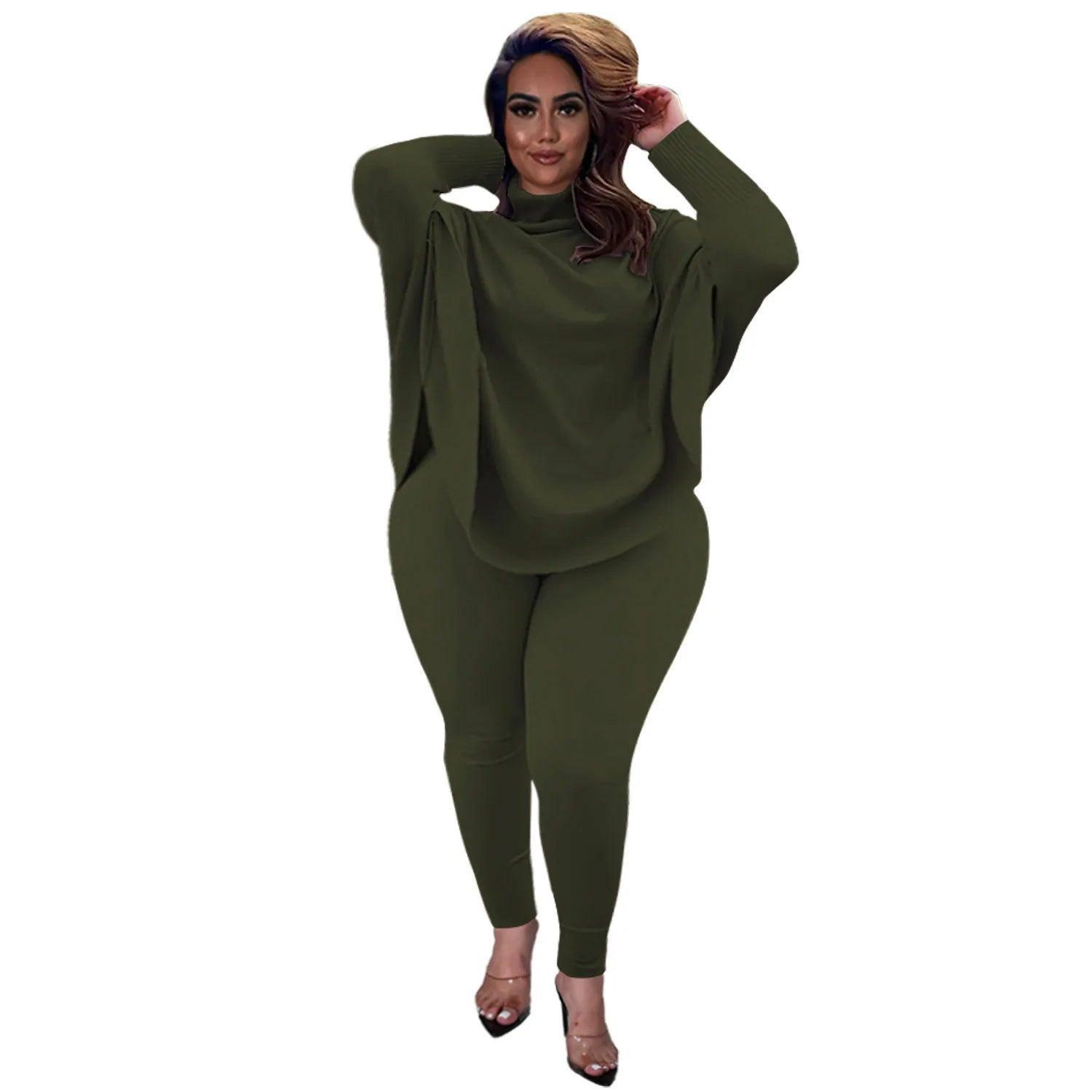Knitted Plus Size Women 2 Piece Set Casual Solid Bat Sleeve-army green-13