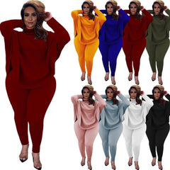 Knitted Plus Size Women 2 Piece Set Casual Solid Bat Sleeve-4