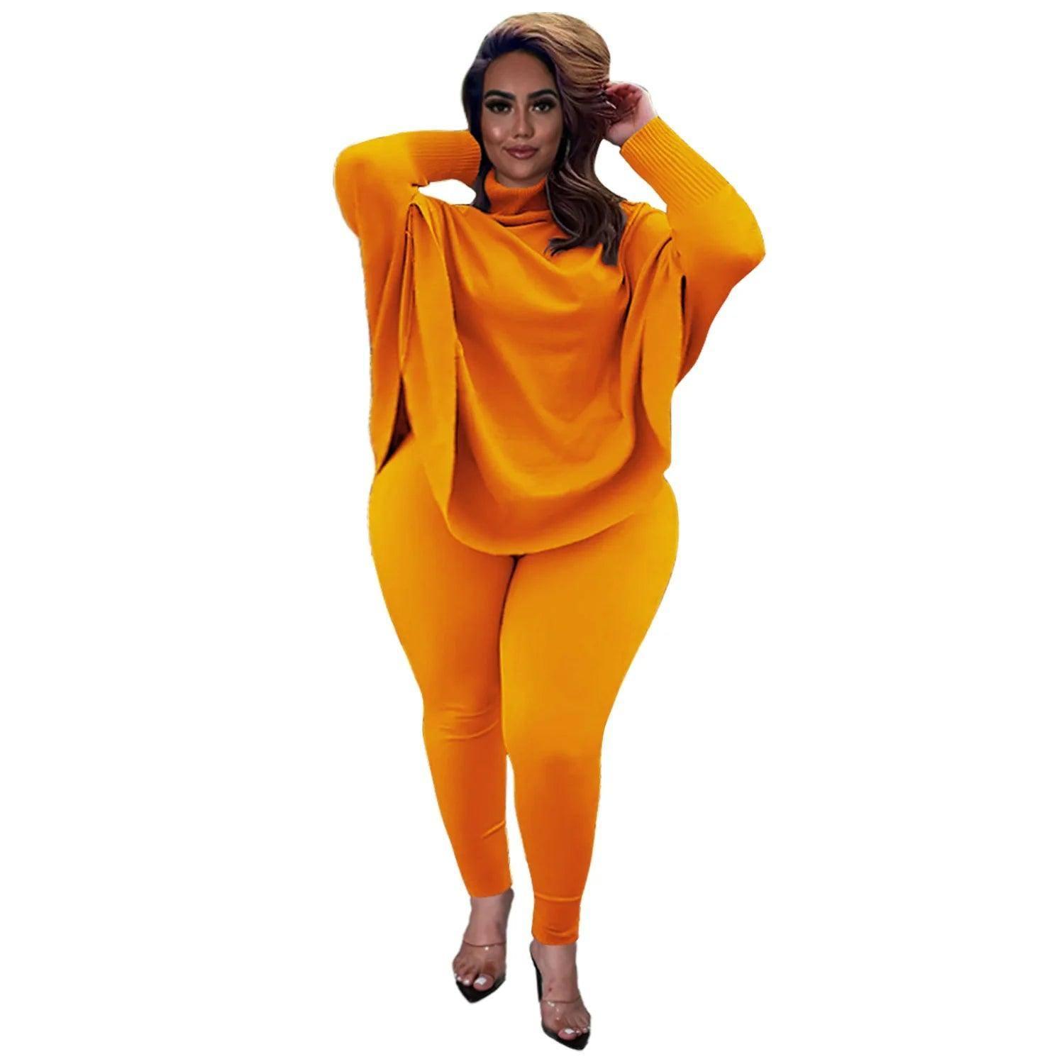 Knitted Plus Size Women 2 Piece Set Casual Solid Bat Sleeve-Orange-7