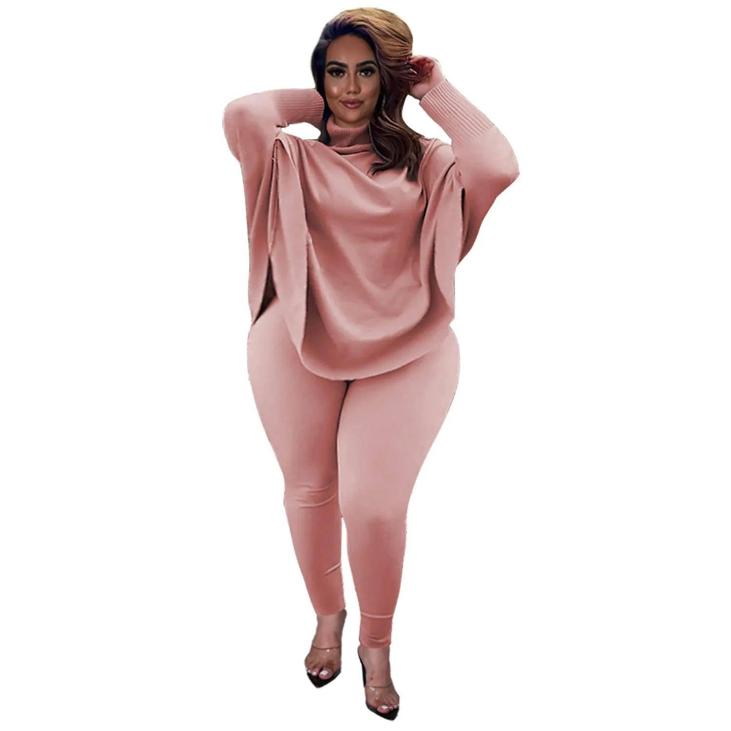 Knitted Plus Size Women 2 Piece Set Casual Solid Bat Sleeve-Pink-8